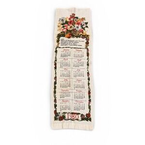 Vtg 80s Linen Calendar Tea Towel Floral Kitchen Prayer Wall Hanging Cream